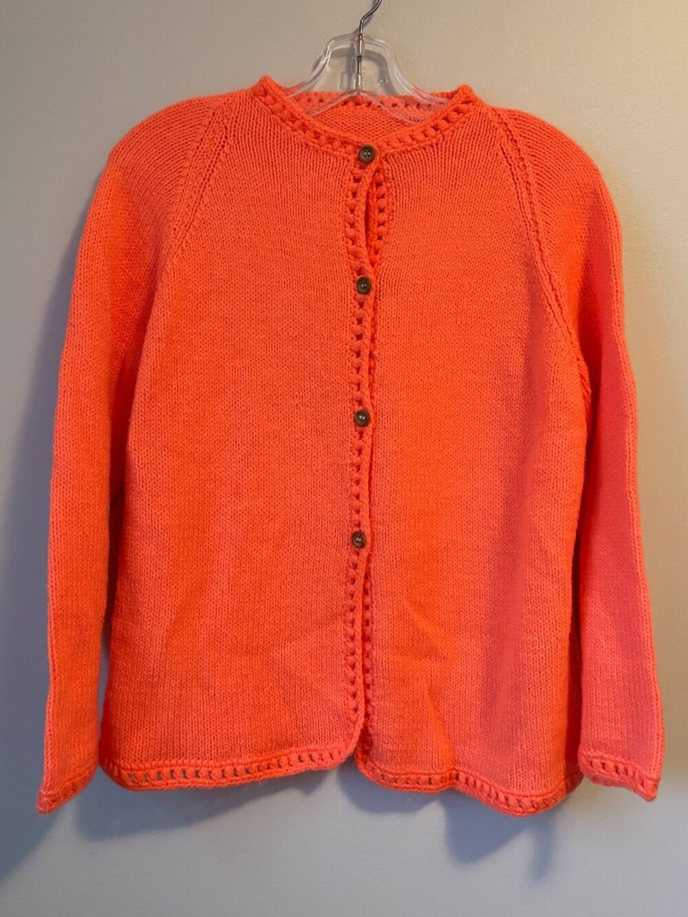 Homemade Neon Coral Orange Knit Cardigan Sweater Crewneck Button Up Medium (M)